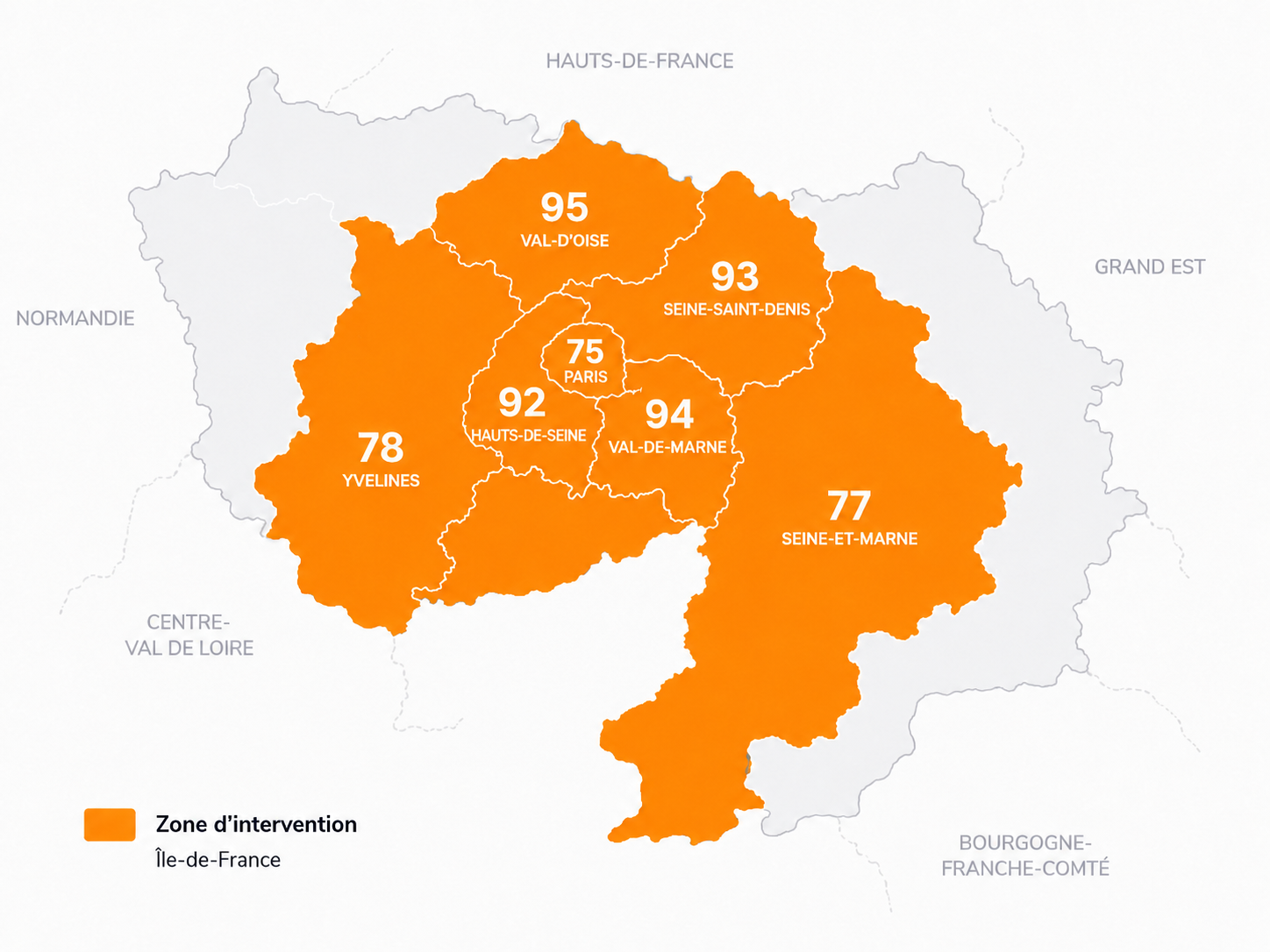 Carte de la zone d'intervention de Top Chrono France en Île-de-France : Paris 75, Seine-et-Marne 77, Yvelines 78, Hauts-de-Seine 92, Seine-Saint-Denis 93, Val-de-Marne 94, Val-d'Oise 95